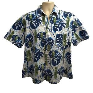 Stitch Mens Blue Hawaiian Aloha Floral Vintage Button Up Shirt XL Pocket Cotton